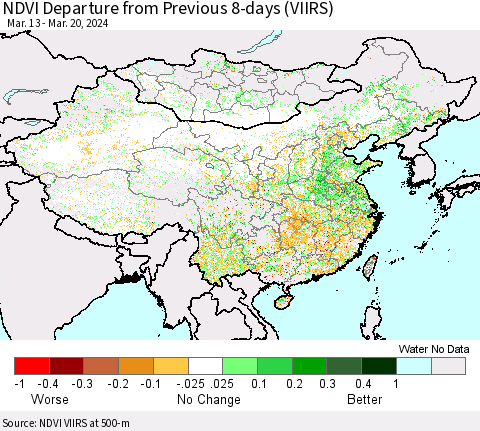 China, Mongolia and Taiwan NDVI Departure from Previous 8-days (VIIRS) Thematic Map For 3/13/2024 - 3/20/2024