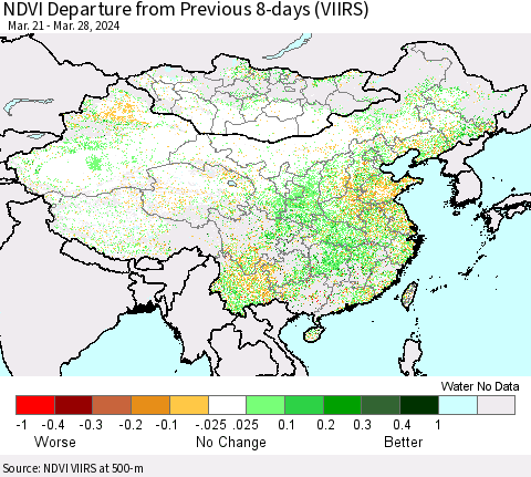 China, Mongolia and Taiwan NDVI Departure from Previous 8-days (VIIRS) Thematic Map For 3/21/2024 - 3/28/2024