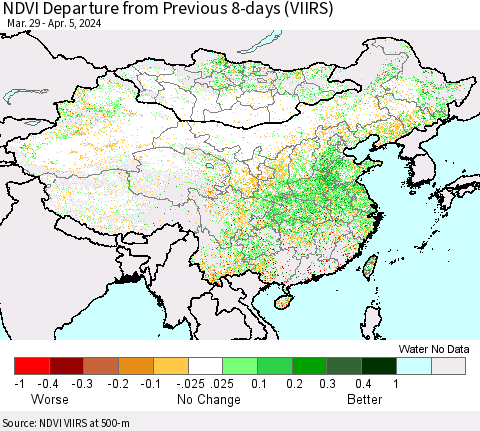 China, Mongolia and Taiwan NDVI Departure from Previous 8-days (VIIRS) Thematic Map For 3/29/2024 - 4/5/2024