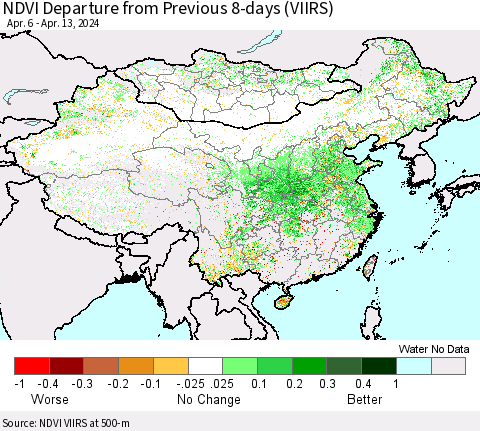 China, Mongolia and Taiwan NDVI Departure from Previous 8-days (VIIRS) Thematic Map For 4/6/2024 - 4/13/2024