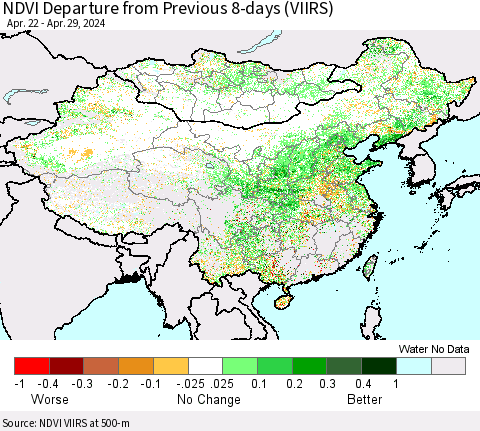 China, Mongolia and Taiwan NDVI Departure from Previous 8-days (VIIRS) Thematic Map For 4/22/2024 - 4/29/2024