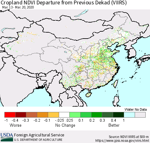 China and Taiwan Cropland NDVI Departure from Previous Dekad (VIIRS) Thematic Map For 3/11/2020 - 3/20/2020