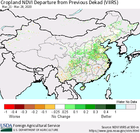 China and Taiwan Cropland NDVI Departure from Previous Dekad (VIIRS) Thematic Map For 3/21/2020 - 3/31/2020