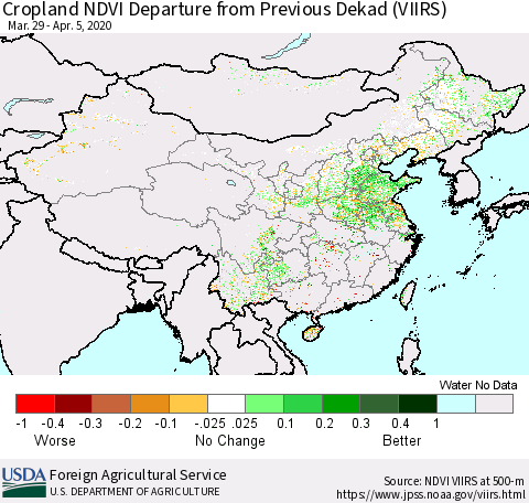 China and Taiwan Cropland NDVI Departure from Previous Dekad (VIIRS) Thematic Map For 4/1/2020 - 4/10/2020