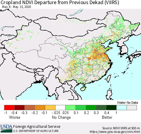 China and Taiwan Cropland NDVI Departure from Previous Dekad (VIIRS) Thematic Map For 5/11/2020 - 5/20/2020