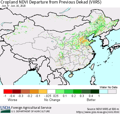 China and Taiwan Cropland NDVI Departure from Previous Dekad (VIIRS) Thematic Map For 6/11/2020 - 6/20/2020