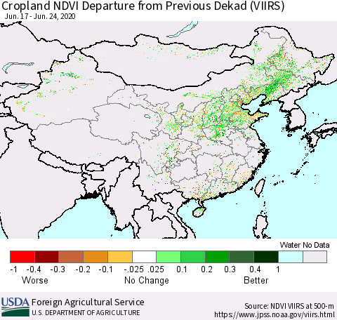 China and Taiwan Cropland NDVI Departure from Previous Dekad (VIIRS) Thematic Map For 6/21/2020 - 6/30/2020