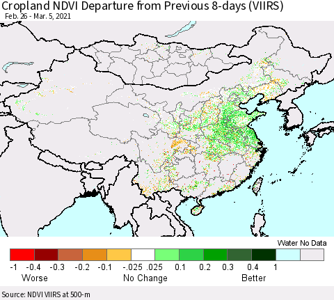 China, Mongolia and Taiwan Cropland NDVI Departure from Previous 8-days (VIIRS) Thematic Map For 2/26/2021 - 3/5/2021