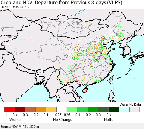 China, Mongolia and Taiwan Cropland NDVI Departure from Previous 8-days (VIIRS) Thematic Map For 3/6/2021 - 3/13/2021