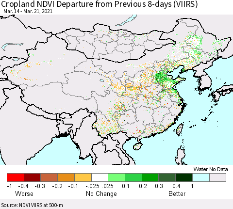 China, Mongolia and Taiwan Cropland NDVI Departure from Previous 8-days (VIIRS) Thematic Map For 3/14/2021 - 3/21/2021