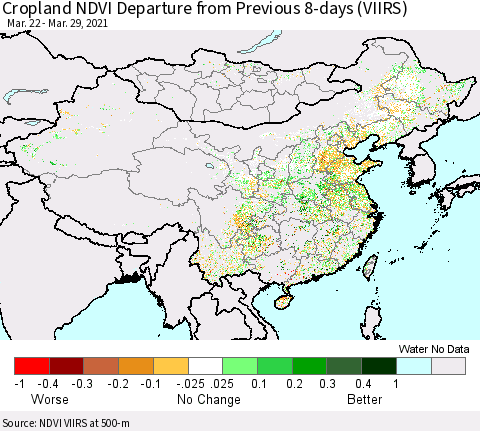 China, Mongolia and Taiwan Cropland NDVI Departure from Previous 8-days (VIIRS) Thematic Map For 3/22/2021 - 3/29/2021