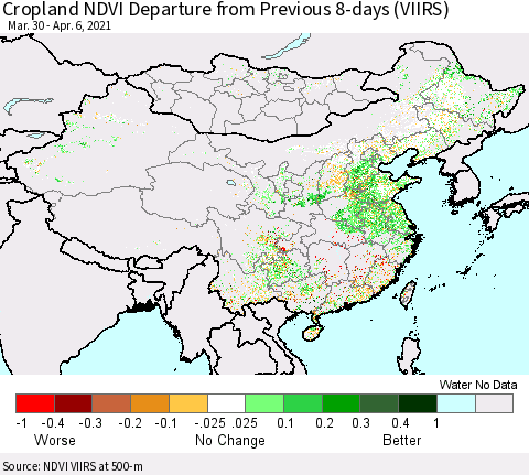 China, Mongolia and Taiwan Cropland NDVI Departure from Previous 8-days (VIIRS) Thematic Map For 3/30/2021 - 4/6/2021