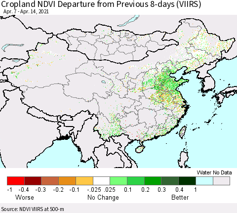 China, Mongolia and Taiwan Cropland NDVI Departure from Previous 8-days (VIIRS) Thematic Map For 4/7/2021 - 4/14/2021