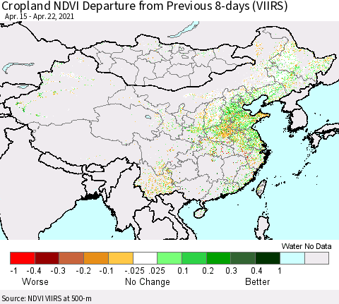 China, Mongolia and Taiwan Cropland NDVI Departure from Previous 8-days (VIIRS) Thematic Map For 4/15/2021 - 4/22/2021