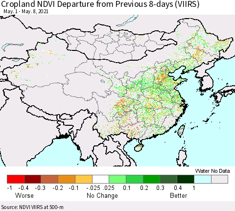China, Mongolia and Taiwan Cropland NDVI Departure from Previous 8-days (VIIRS) Thematic Map For 5/1/2021 - 5/8/2021