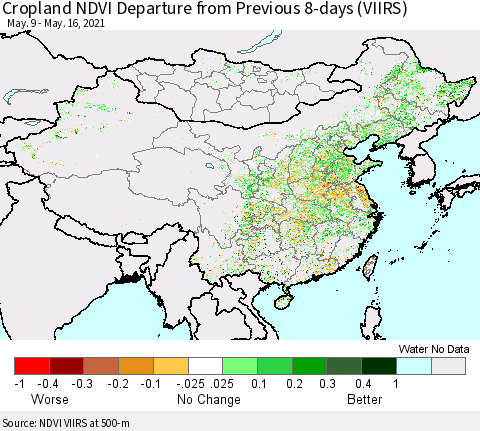 China, Mongolia and Taiwan Cropland NDVI Departure from Previous 8-days (VIIRS) Thematic Map For 5/9/2021 - 5/16/2021