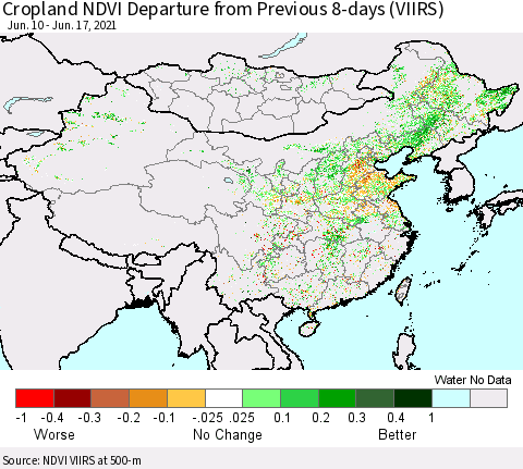 China, Mongolia and Taiwan Cropland NDVI Departure from Previous 8-days (VIIRS) Thematic Map For 6/10/2021 - 6/17/2021
