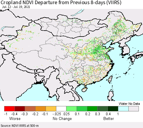 China, Mongolia and Taiwan Cropland NDVI Departure from Previous 8-days (VIIRS) Thematic Map For 7/12/2021 - 7/19/2021