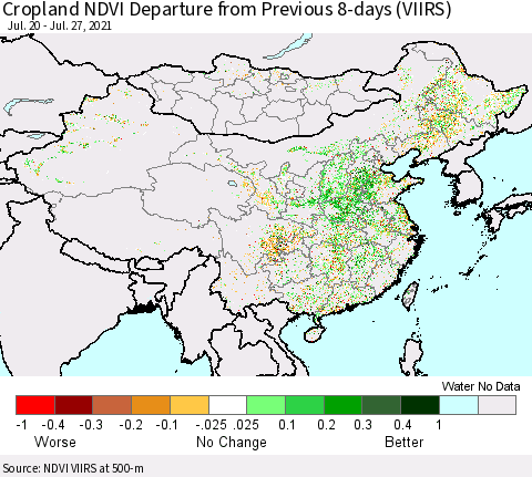 China, Mongolia and Taiwan Cropland NDVI Departure from Previous 8-days (VIIRS) Thematic Map For 7/20/2021 - 7/27/2021