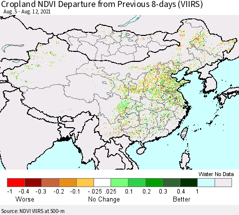 China, Mongolia and Taiwan Cropland NDVI Departure from Previous 8-days (VIIRS) Thematic Map For 8/5/2021 - 8/12/2021