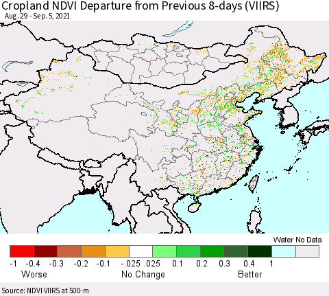 China, Mongolia and Taiwan Cropland NDVI Departure from Previous 8-days (VIIRS) Thematic Map For 8/29/2021 - 9/5/2021