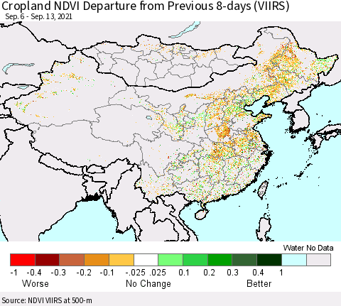 China, Mongolia and Taiwan Cropland NDVI Departure from Previous 8-days (VIIRS) Thematic Map For 9/6/2021 - 9/13/2021