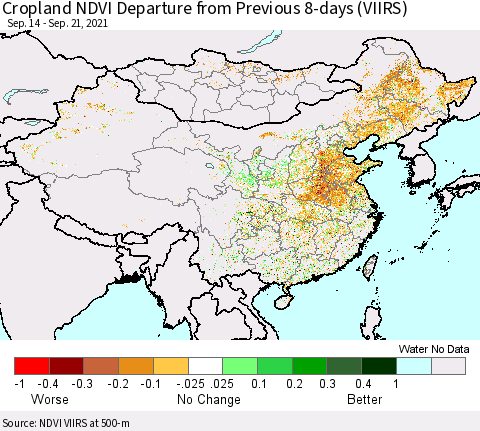 China, Mongolia and Taiwan Cropland NDVI Departure from Previous 8-days (VIIRS) Thematic Map For 9/14/2021 - 9/21/2021