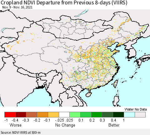China, Mongolia and Taiwan Cropland NDVI Departure from Previous 8-days (VIIRS) Thematic Map For 11/9/2021 - 11/16/2021