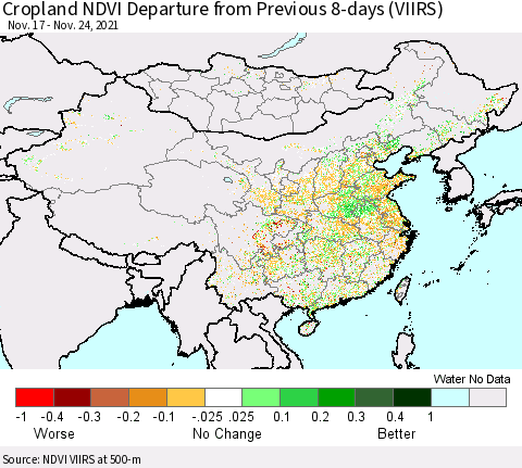 China, Mongolia and Taiwan Cropland NDVI Departure from Previous 8-days (VIIRS) Thematic Map For 11/17/2021 - 11/24/2021