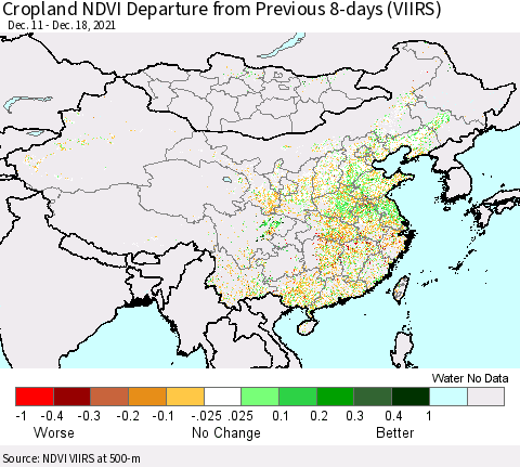 China, Mongolia and Taiwan Cropland NDVI Departure from Previous 8-days (VIIRS) Thematic Map For 12/11/2021 - 12/18/2021