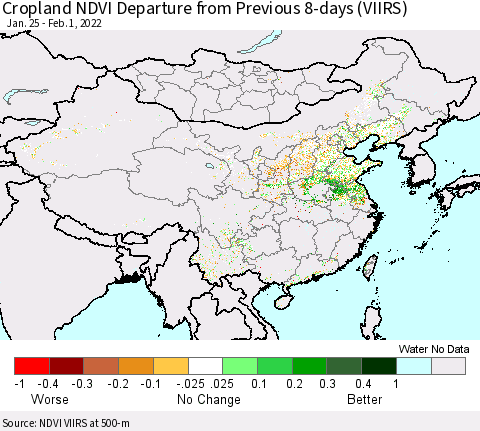 China, Mongolia and Taiwan Cropland NDVI Departure from Previous 8-days (VIIRS) Thematic Map For 1/25/2022 - 2/1/2022