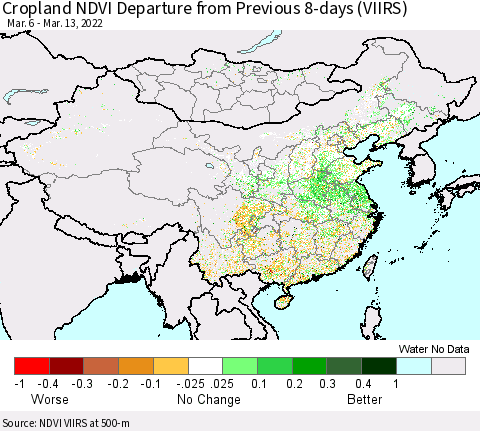 China, Mongolia and Taiwan Cropland NDVI Departure from Previous 8-days (VIIRS) Thematic Map For 3/6/2022 - 3/13/2022