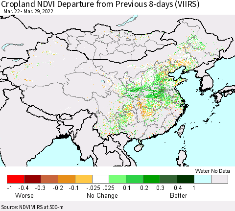 China, Mongolia and Taiwan Cropland NDVI Departure from Previous 8-days (VIIRS) Thematic Map For 3/22/2022 - 3/29/2022