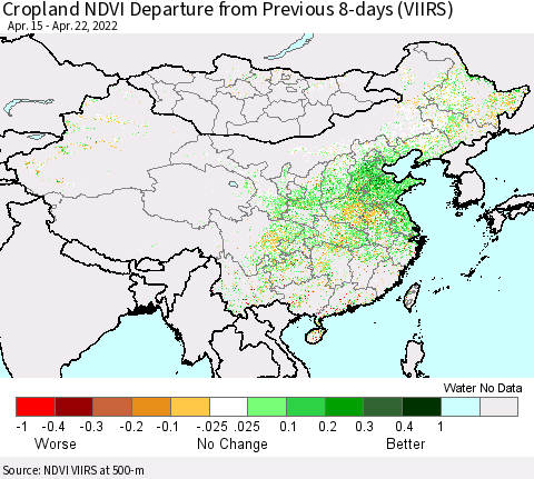 China, Mongolia and Taiwan Cropland NDVI Departure from Previous 8-days (VIIRS) Thematic Map For 4/15/2022 - 4/22/2022