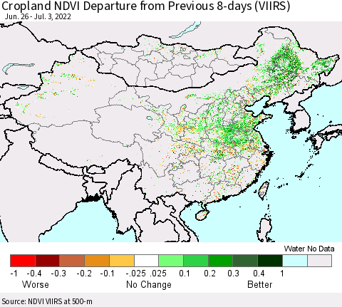 China, Mongolia and Taiwan Cropland NDVI Departure from Previous 8-days (VIIRS) Thematic Map For 6/26/2022 - 7/3/2022