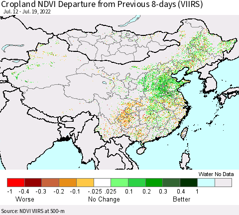 China, Mongolia and Taiwan Cropland NDVI Departure from Previous 8-days (VIIRS) Thematic Map For 7/12/2022 - 7/19/2022