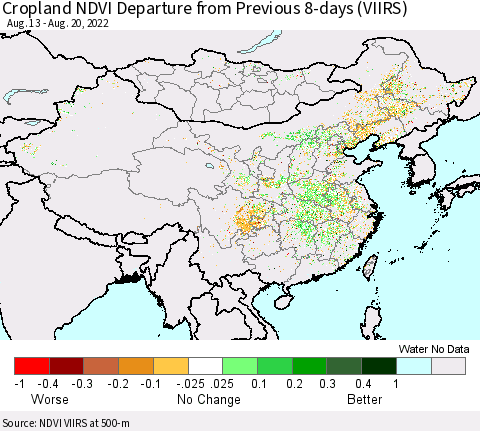 China, Mongolia and Taiwan Cropland NDVI Departure from Previous 8-days (VIIRS) Thematic Map For 8/13/2022 - 8/20/2022