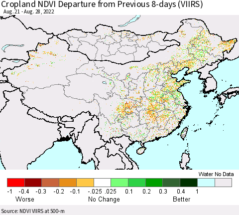 China, Mongolia and Taiwan Cropland NDVI Departure from Previous 8-days (VIIRS) Thematic Map For 8/21/2022 - 8/28/2022