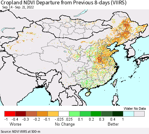 China, Mongolia and Taiwan Cropland NDVI Departure from Previous 8-days (VIIRS) Thematic Map For 9/14/2022 - 9/21/2022