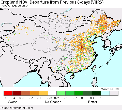 China, Mongolia and Taiwan Cropland NDVI Departure from Previous 8-days (VIIRS) Thematic Map For 9/22/2022 - 9/29/2022