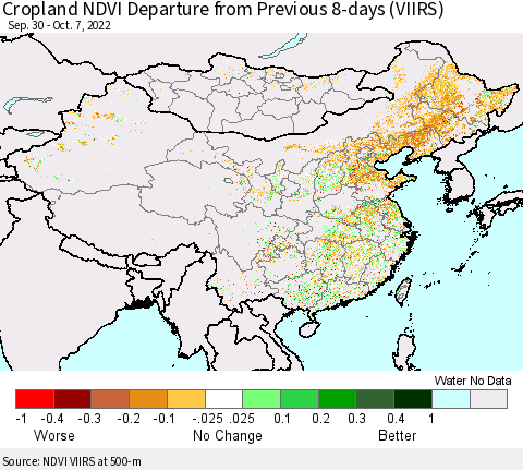 China, Mongolia and Taiwan Cropland NDVI Departure from Previous 8-days (VIIRS) Thematic Map For 9/30/2022 - 10/7/2022