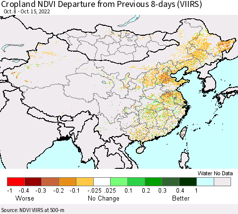 China, Mongolia and Taiwan Cropland NDVI Departure from Previous 8-days (VIIRS) Thematic Map For 10/8/2022 - 10/15/2022