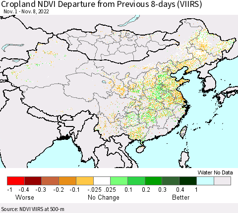 China, Mongolia and Taiwan Cropland NDVI Departure from Previous 8-days (VIIRS) Thematic Map For 11/1/2022 - 11/8/2022