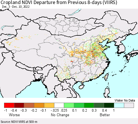 China, Mongolia and Taiwan Cropland NDVI Departure from Previous 8-days (VIIRS) Thematic Map For 12/3/2022 - 12/10/2022