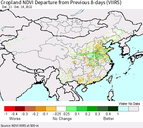 China, Mongolia and Taiwan Cropland NDVI Departure from Previous 8-days (VIIRS) Thematic Map For 12/11/2022 - 12/18/2022