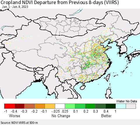 China, Mongolia and Taiwan Cropland NDVI Departure from Previous 8-days (VIIRS) Thematic Map For 1/1/2023 - 1/8/2023