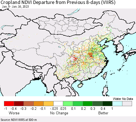 China, Mongolia and Taiwan Cropland NDVI Departure from Previous 8-days (VIIRS) Thematic Map For 1/9/2023 - 1/16/2023