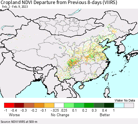 China, Mongolia and Taiwan Cropland NDVI Departure from Previous 8-days (VIIRS) Thematic Map For 2/2/2023 - 2/9/2023