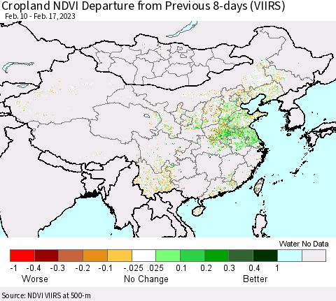 China, Mongolia and Taiwan Cropland NDVI Departure from Previous 8-days (VIIRS) Thematic Map For 2/10/2023 - 2/17/2023