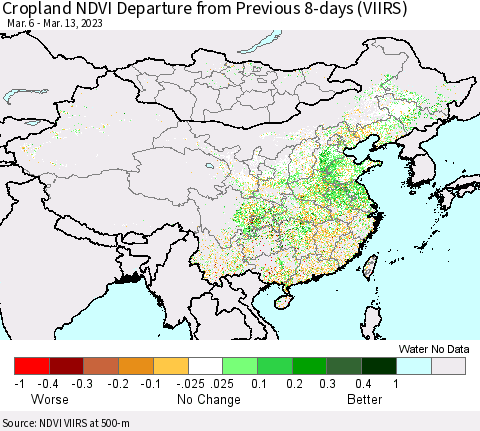 China, Mongolia and Taiwan Cropland NDVI Departure from Previous 8-days (VIIRS) Thematic Map For 3/6/2023 - 3/13/2023